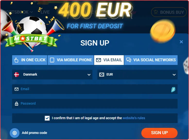 Mostbet Registrering via e-mail